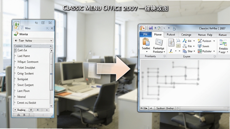 Classic Menu for Office 2007 һ���л�Ч��ͼ�����Ϊ����˵������Ҳ�ΪRibbon���棬�м��ü�ͷʾ���л�������Ϊ�칫������ɫ������������