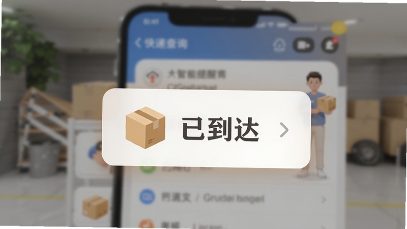 快递查询王智能提醒功能示意图,手机界面弹出物流状态更新通知,背景虚化处理,突出提醒弹窗,包含包裹图标和“已到达”文字,色彩温馨,亲和力强