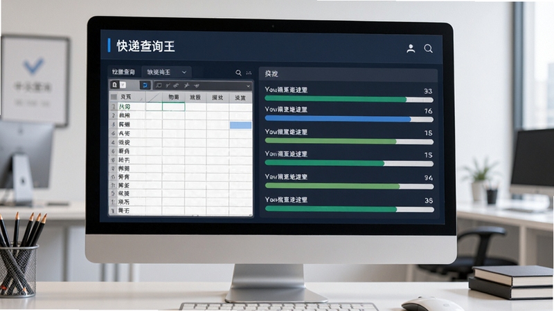 快递查询王批量查询功能展示图,电脑界面显示批量导入表格和多个物流进度条,背景为简洁办公场景,强调高效管理,色调沉稳专业