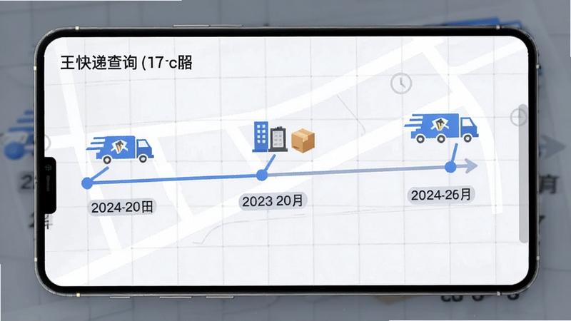 快递查询王物流轨迹追踪功能预览图,屏幕展示时间轴样式的物流详情,包含各个站点图标和日期标注,背景为浅灰色网格,突出信息清晰度,风格扁平化设计