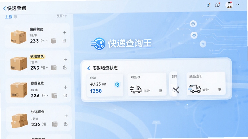 快递查询王主界面预览图,展示多包裹追踪列表,背景为淡蓝色科技感渐变,中心区域显示快递查询王logo与实时物流状态卡片,整体风格简洁现代,高清渲染