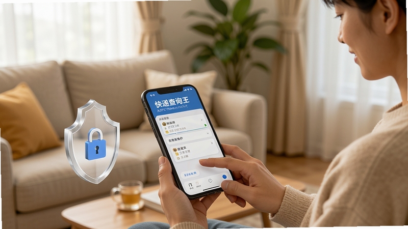 快递查询王用户问答场景图,画面中一位用户正在手机上进行快递查询操作,旁边有锁形图标和隐私保护盾牌,背景为温馨的客厅环境,色彩柔和自然,强调安全可靠