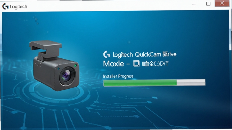 Logitech QuickCam 驱动安装界面,屏幕上显示摄像头型号与驱动安装进度条,背景为蓝色科技感渐变,画面中有一个USB摄像头图标,整体风格专业且友好。