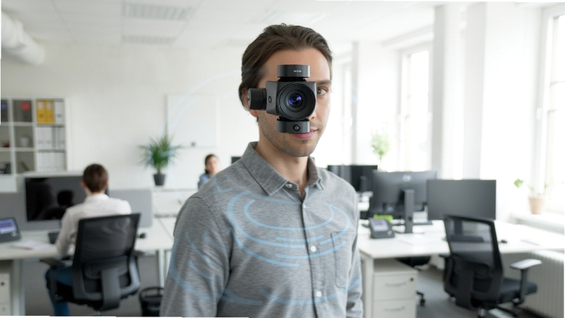 Logitech QuickCam 动态追踪功能演示,画面中的人物在镜头前移动,摄像头自动调整角度保持人物居中,背景为明亮的办公环境,画面流畅清晰,突出智能追踪效果。