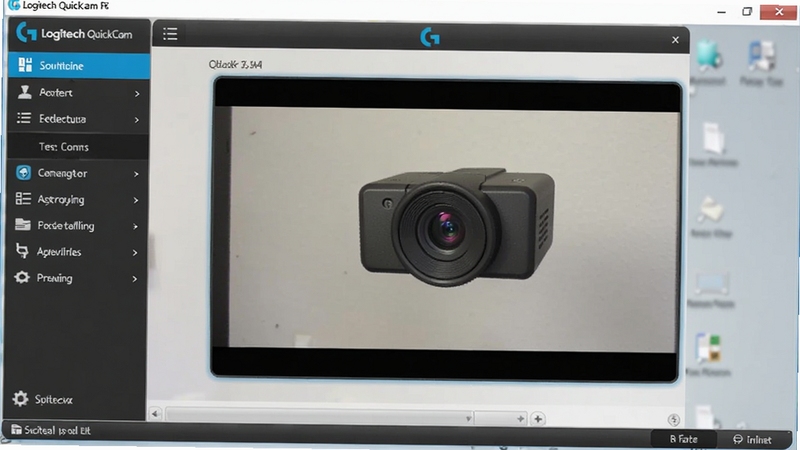 Logitech QuickCam 软件主界面截图,画面中央展示摄像头预览窗口,左侧为功能菜单栏,背景为浅灰色桌面,整体风格简洁清晰,突出软件的易用性。
