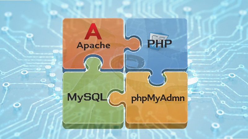 AppServ 组件集成示意图,画面展示四个拼图模块,分别带有Apache、PHP、MySQL和phpMyAdmin的标识,它们正在组合成一个完整的服务器,背景是浅蓝色的技术光效,寓意无缝协作与高效集成