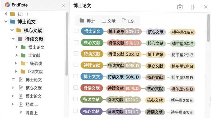 EndNote ����������棬�����״�����б����硰��ʿ���ġ����������ס����������ס����м���ʾ�����µ������б�����ɫ��ǩ��ǣ�����������������ɫ����ƽ����ƣ�ͼƬ����16:9