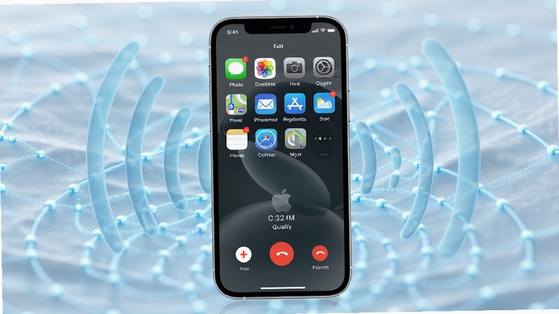 一张以Apple网络电话为主体的高清产品展示图,画面中央是iPhone手机屏幕显示通话界面,背景为抽象蓝色渐变网络信号波纹,风格现代科技感,光线明亮柔和,突出软件图标与通话质量,整体构图简洁大气