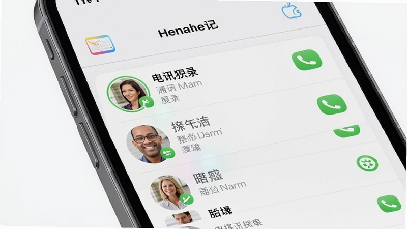 Apple网络电话通讯录整合功能预览,iPhone屏幕展示联系人列表,已注册用户头像旁有绿色电话图标标记,背景为简洁的浅灰色界面,带有iOS风格元素,清晰展示软件与系统通讯录的高度融合