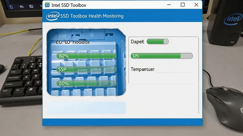 Intel SSD Toolbox �����������ͼ��������ʾӲ���ͺš������������ٷֱȺ��¶����ݣ�����������ɫ����Ϣ��������������Ϊǳ��ɫ����̨���������̺���꣬������дʵ��ͻ��Intel SSD Toolbox��������