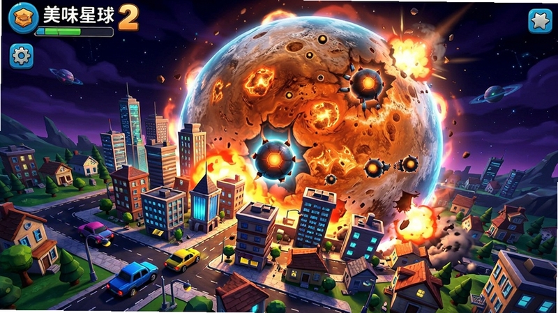 美味星球2游戏截图,小圆球已经进化成巨大星球,正在吞噬一座城市,周围有汽车和房屋,画面充满科幻感,色彩对比强烈,突出游戏后期吞噬的巨大规模,细节丰富