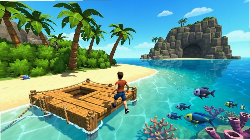 木筏生存3D海岛探索画面,木筏停靠在一片沙滩边,玩家角色正跳下木筏走向岛上的椰子树和灌木丛,远处可见岛上的岩石和山洞入口,海水清澈见底,能看到水下的珊瑚和鱼群,画面色彩鲜艳,充满探索的诱惑力
