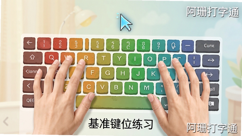 阿珊打字通指法训练教学界面,屏幕中央显示虚拟键盘,双手手指放置在对应键位上并用不同颜色区分左右手区域,上方有动态光标引导,下方展示课程名称“基准键位练习”,背景柔和,突出教学氛围,画面包含软件名称“阿珊打字通”的水印标识。