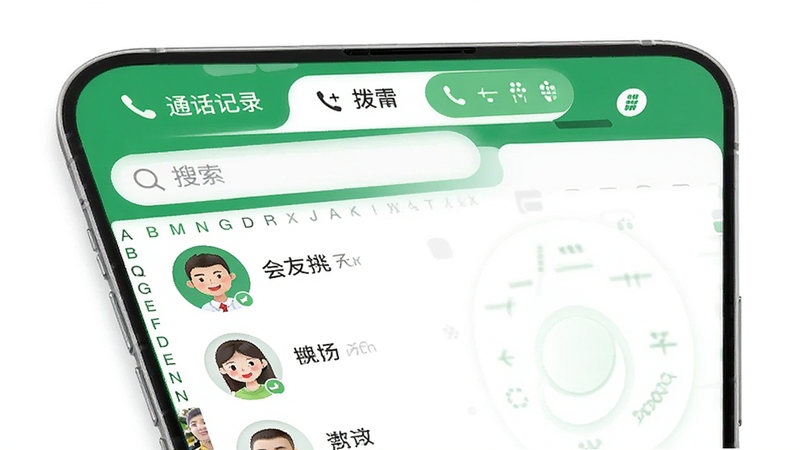 ����ͨ����绰����ͨѶ¼�������ͼ������չʾ�ֻ���ͨѶ¼�б���������������ĸ����������ϵ��ͷ�񣬶�����ͨ����¼�벦�����л���ǩ��������øɾ��İ�ɫ����������ɫ��ɫ����ͼ��Բ������