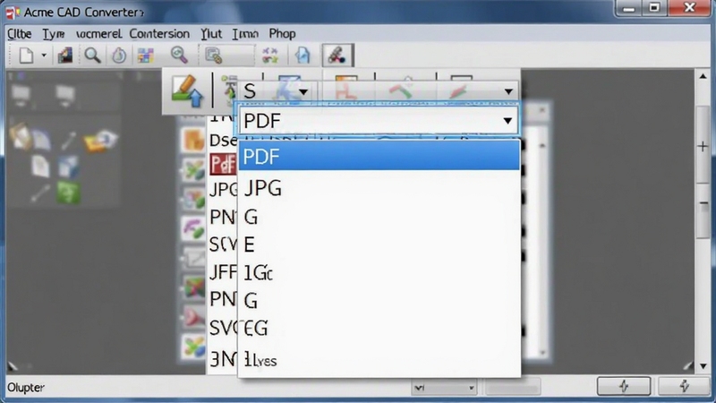 Acme CAD Converter 转换格式选择界面,显示下拉菜单中列出的多种输出格式,包括PDF、JPG、PNG、SVG等,背景为软件主窗口,配以蓝色高亮选项框,图片风格清晰写实,突出格式选择的多样性,无文字水印