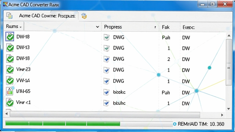 Acme CAD Converter 批量转换运行界面,列表中显示多个DWG文件正在排队处理,每个文件旁有绿色对勾表示完成,底部有进度条和剩余时间统计,整体色调明亮,突出高效批量处理的场景,无文字水印