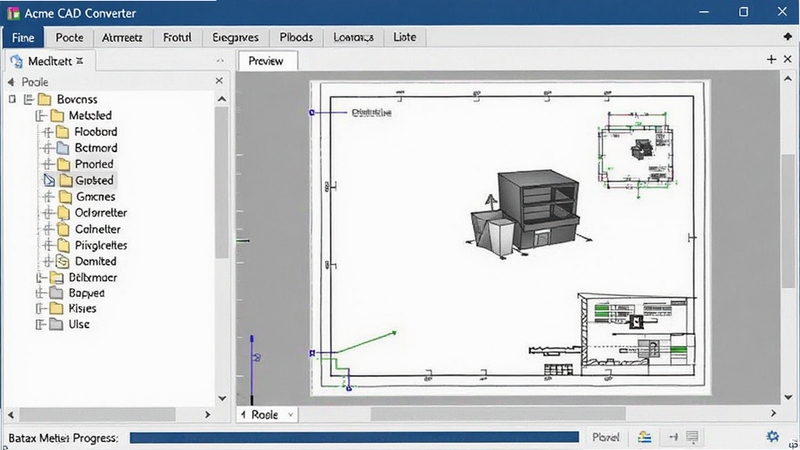 Acme CAD Converter 软件主界面预览图,展示其多标签页布局,左侧为文件列表树形结构,右侧为图纸预览区,底部为批量转换进度条,整体风格商务简洁,色彩以深蓝和白色为主,界面元素清晰,无任何文字水印,适配Boogu模型生成