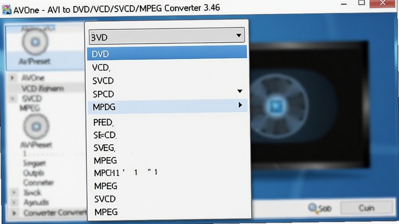 展示AVOne - AVI to DVD/VCD/SVCD/MPEG Converter 3.46格式选择下拉菜单的截图,画面聚焦于DVD、VCD、SVCD、MPEG等多种输出预设选项,背景虚化处理,突出菜单的丰富性与选择性,色调以蓝色和白色为主,体现软件的实用功能。