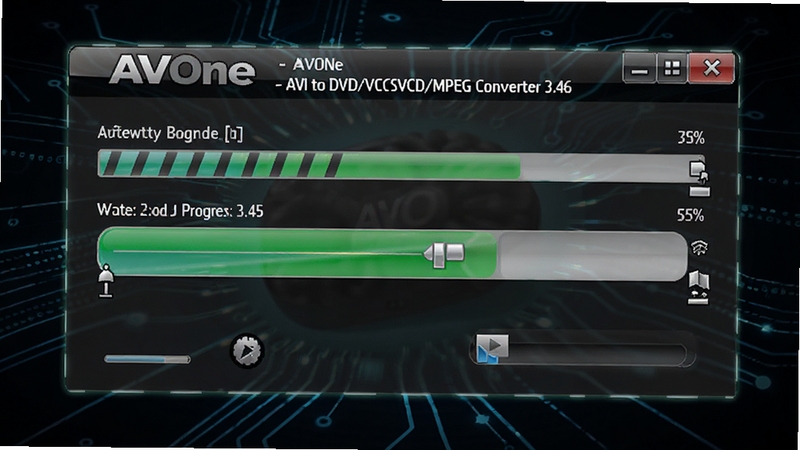 生成一张展示视频转换过程进度条的图片,画面中AVOne - AVI to DVD/VCD/SVCD/MPEG Converter 3.46的转换进度界面正在运行,显示文件名称和进度百分比,背景为深色科技感线条,强调软件的高效与稳定,整体视觉具有动态感。