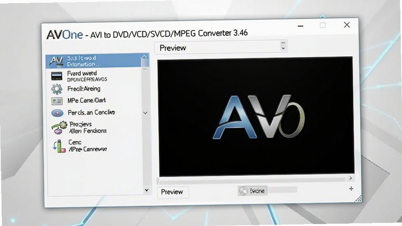 生成一张软件主界面预览图,画面中心为AVOne - AVI to DVD/VCD/SVCD/MPEG Converter 3.46的简洁操作窗口,左侧是功能列表,右侧为预览区域,背景采用浅灰色的科技感渐变,整体风格清晰明亮,突出软件的易用性与专业性。