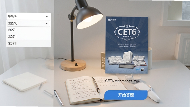英语六级CET6真题详解系统真题列表页面,左侧为年份下拉菜单,右侧显示试卷封面,下方有开始答题按钮,背景为浅灰色书桌,配有台灯和笔记本,营造学习氛围,画面写实清晰