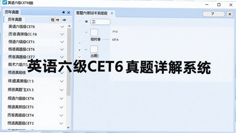 英语六级CET6真题详解系统主界面截图,左侧显示历年真题列表,右侧为答题区域,背景为淡蓝色学习风格,整体画面清晰明亮,突出软件名称“英语六级CET6真题详解系统”,居中构图,细节丰富