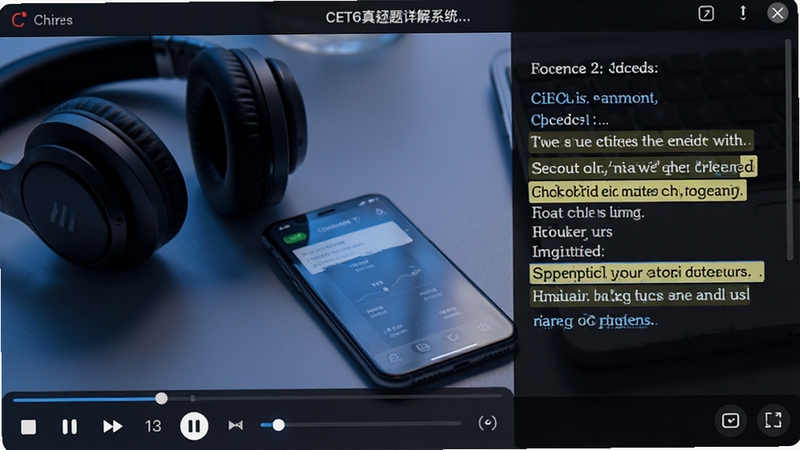 英语六级CET6真题详解系统听力播放界面,下方为音频控制条,右侧为原文高亮显示,背景为耳机和手机特写,画面富有科技感,突出移动学习场景