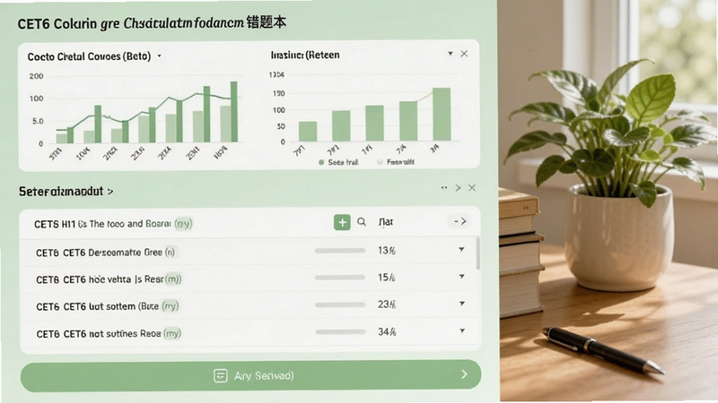 英语六级CET6真题详解系统错题本界面,顶部统计图表,中间为错题列表,底部有复习按钮,背景为浅绿色护眼色调,配有书桌和绿植,画面温馨自然