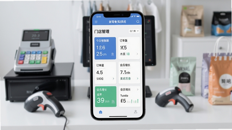一张展示新零售实战系统核心界面的截图,画面中央是手机屏幕,屏幕内显示门店管理后台的仪表盘,包含今日销售额、订单量、会员增长等数据卡片,背景为简约的浅灰色办公环境,桌面摆放着收银机、扫码枪和几件商品,整体风格专业明亮,突出软件在零售场景中的应用,画面主体坐标居中,背景虚化处理,适配Boogu模型生成。