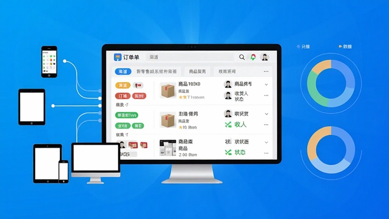 新零售实战系统订单聚合功能预览图,画面左侧为多设备图标(手机、平板、电脑)汇聚到中央一个大型显示屏,屏幕上显示订单列表,包含渠道标签、商品信息、收货人及状态,右侧为数据统计圆环图,背景为明亮的科技蓝色渐变,整体构图清晰,突出多平台统一管理的便利性,画面主体居中,背景简洁,适配Boogu模型生成。