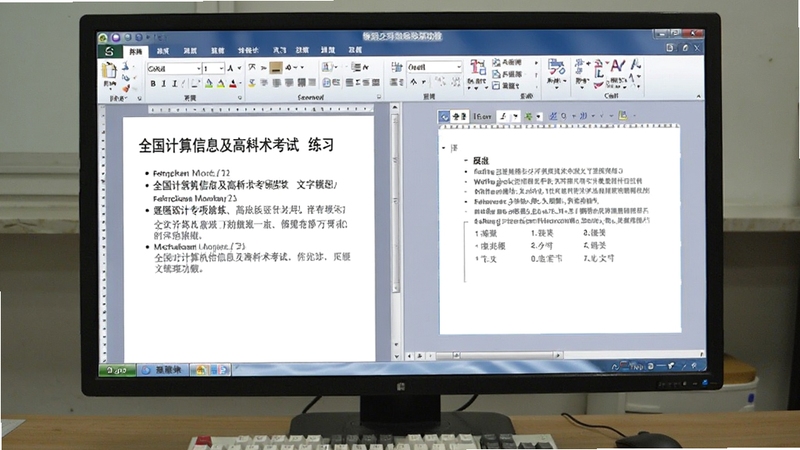 全国计算机信息及高新技术考试专项训练功能截图,屏幕上展示Word文字处理模块的练习题,左侧是题目要求,右侧是操作区,界面分区明确,色彩柔和,适合长时间学习观看