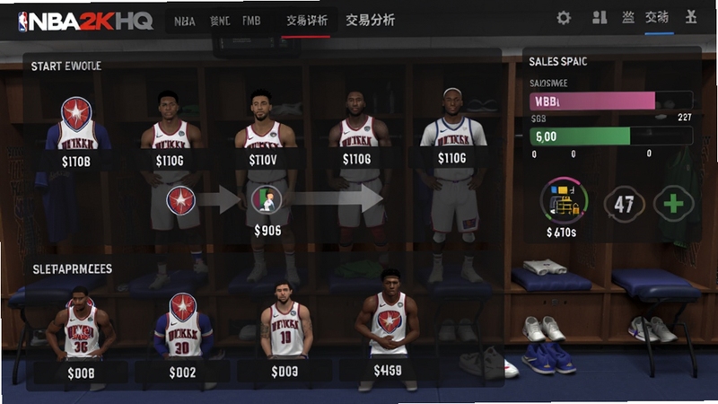 NBA 2K HQ阵容模拟与交易分析功能界面,展示球队首发五人与替补席,箭头表示交易流向,旁边有薪资空间条和交易评分,背景为球队更衣室,画面专业感强,色彩沉稳