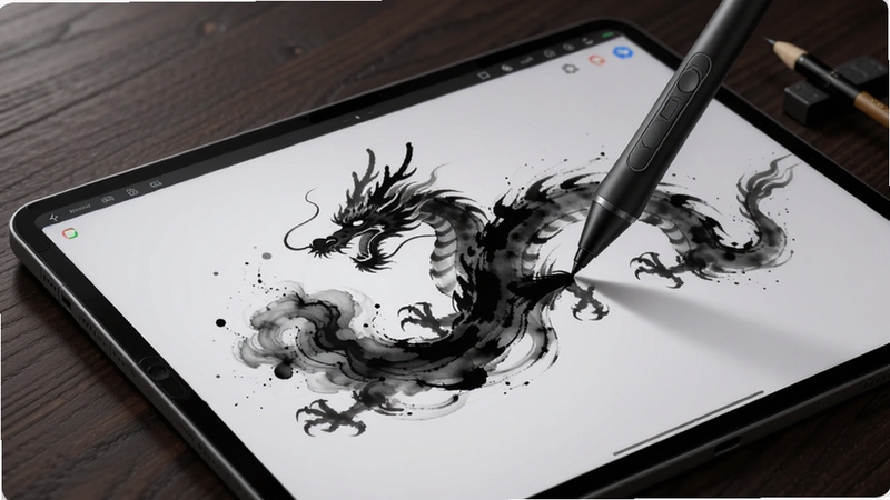 展示笔落丹青智能水墨引擎工作状态的示意图,画面中一支电子笔在平板屏幕上绘制一条墨龙,墨迹从笔尖流畅扩散,周围有细微的水墨粒子飞溅效果,背景为深色木纹桌面,光线柔和,突出科技与艺术的融合,写实风格,细节丰富