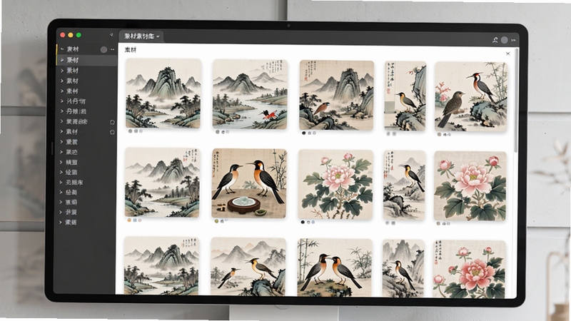 笔落丹青软件内海量素材库的界面预览图,屏幕上展示着分类排列的山水花鸟画作缩略图,界面设计简洁雅致,左侧为素材分类列表,右侧为作品预览区,背景为浅灰色墙面,画面清晰明亮,强调素材的丰富多样,风格写实
