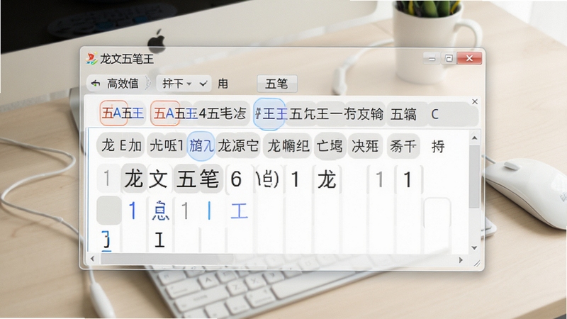 一张展示龙文五笔王主输入界面的高清预览图,界面简洁明亮,输入框内有五笔编码与候选字词,背景为浅色办公桌面,突出软件名称“龙文五笔王”及其高效的打字场景,整体风格专业且友好