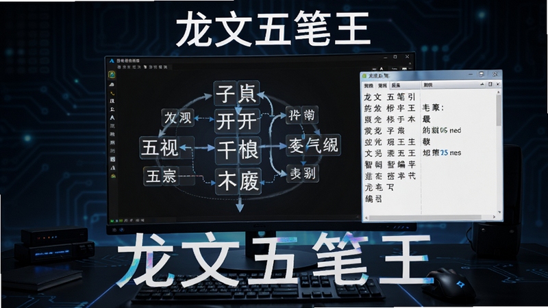 展示龙文五笔王智能编码引擎的示意图,屏幕上有五笔字根分解动画和候选词窗口,软件名称“龙文五笔王”清晰可见,背景为深色科技感桌面,强调智能联想和高效输入,画面细致生动