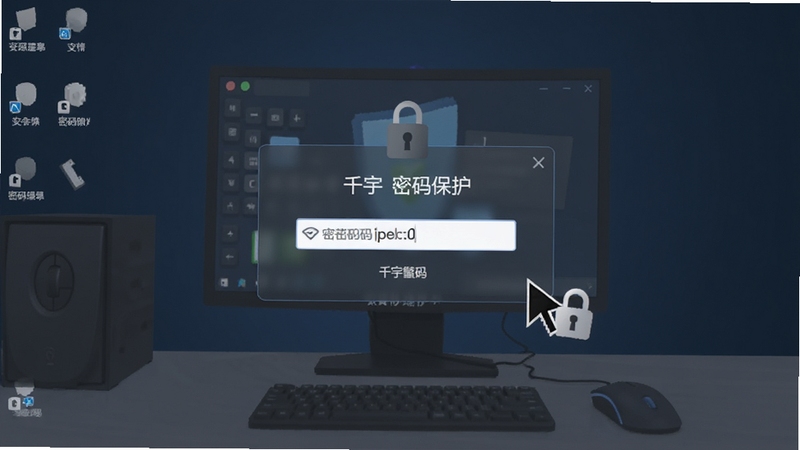 千宇鼠标锁密码保护界面,屏幕上弹出密码输入框,背景为锁定状态的桌面,鼠标指针旁有锁形图标,整体设计强调安全防护,色调以深蓝和灰色为主,画面简洁专业