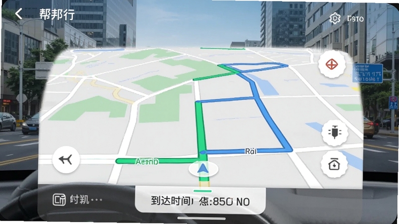 帮邦行司机D导航界面,地图显示绿色畅通路线,蓝色推荐路线,底部有到达时间预估,背景为城市街景