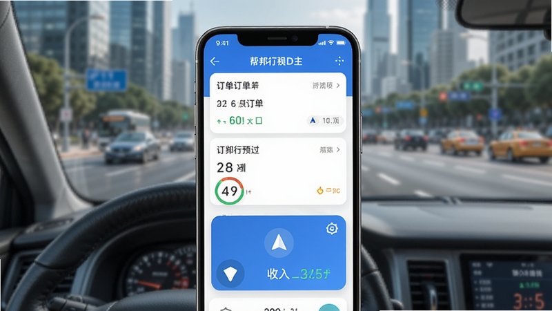 帮邦行司机D主界面预览图,展示订单列表、导航按钮和收入统计卡片,背景为城市道路,画面主体为手机屏幕特写,风格写实明亮