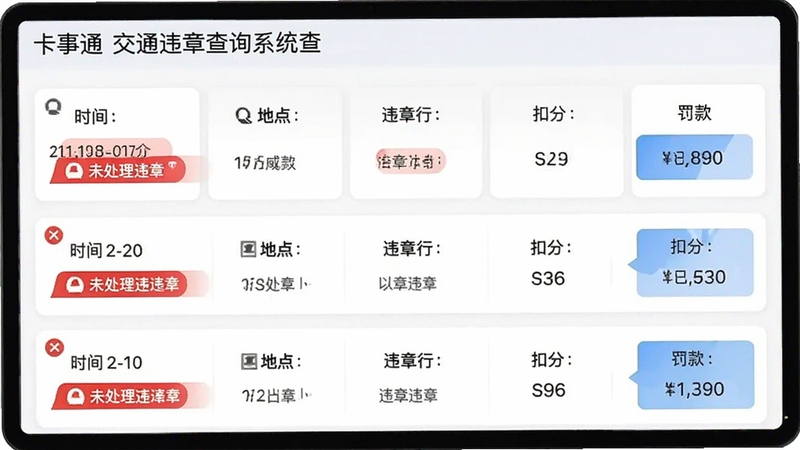 ����ͨ��ͨΥ�²�ѯϵͳ��ѯ���ҳ�棬��ʾ����Υ�¼�¼�б���ÿ������ʱ�䡢�ص㡢Υ����Ϊ���۷ֺͷ�����Ϣ��������ÿ�Ƭʽ���֣���ɫ���δ����Υ�£���ɫΪ�Ѵ���״̬���������Լ������ͻ������չʾ