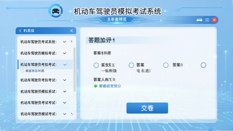 机动车驾驶员模拟考试系统主界面预览图,显示科目一答题界面,左侧为题目列表,右侧为答题区域,背景为浅蓝色科技感风格,界面清晰简洁,包含答案选项和交卷按钮,整体画面明亮,细节丰富,适合作为软件宣传图