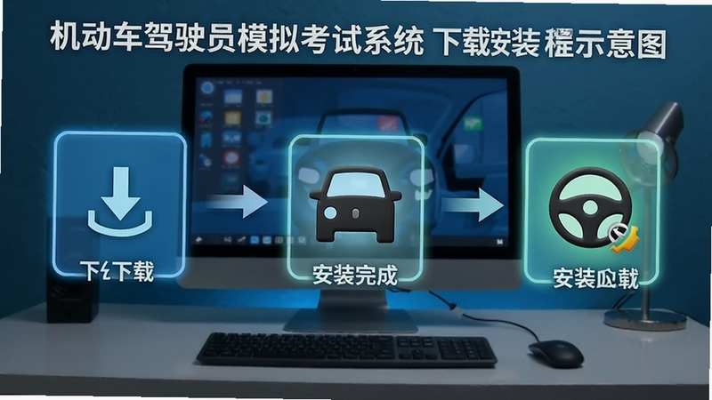 机动车驾驶员模拟考试系统下载安装流程示意图,展示从下载到安装完成的全过程,背景为电脑桌面,图标高亮显示,画面清晰直观