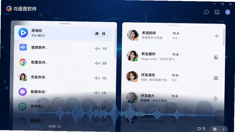 IS语音软件主界面预览图,画面中心展示简洁的频道列表和好友动态,背景为深蓝色科技感渐变,突出清晰的音质波形图元素,整体风格现代且专业,适配Boogu模型生成