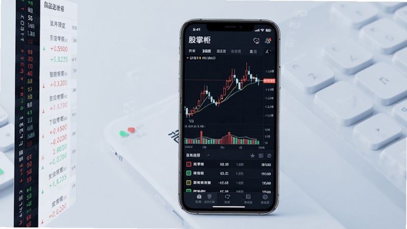 股掌柜软件主界面预览图,画面中央显示手机屏幕内K线图与自选股列表,背景为现代简约的浅灰蓝色调,左侧有股票行情滚动条,整体风格专业清晰,突出智能投顾与数据分析主题,高清渲染,细节丰富
