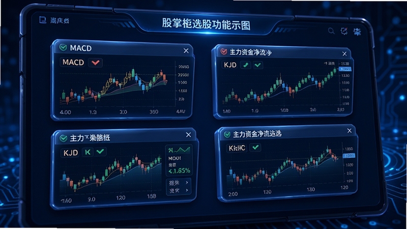股掌柜智能选股功能示意图,屏幕上展示多个指标筛选窗口,包括MACD、KDJ和主力资金净流入选项,背景为深蓝色科技感界面,数据图表立体清晰,强调量化分析与策略推荐,画质细腻有光泽