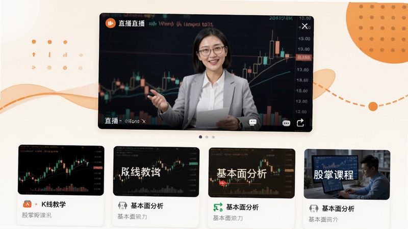 股掌柜资讯课堂页面预览,页面上方有直播窗口,下方排列多个课程封面缩略图,包含K线教学和基本面分析主题,背景为暖白色搭配橙色点缀,界面友好亲切,突出知识分享氛围,图像清晰具有现代感