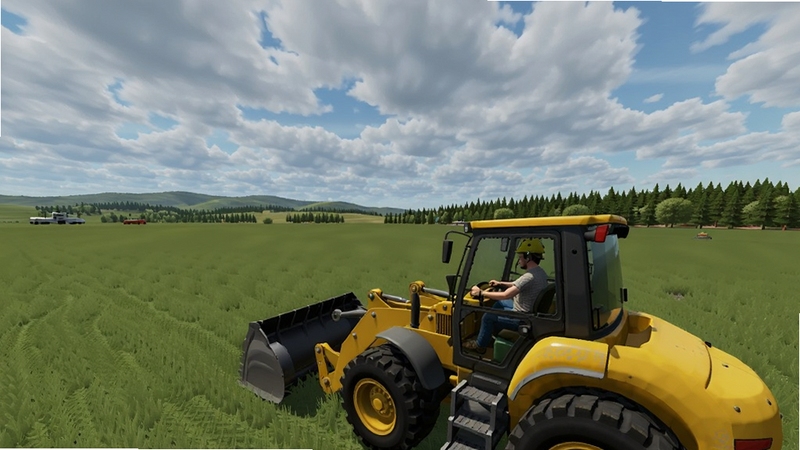 Machinery Simulator 沙盒模式中玩家驾驶装载机在广阔平原上作业,远处有山丘和树林,天空云层丰富,画面开阔,色彩明亮,展示自由玩法的乐趣