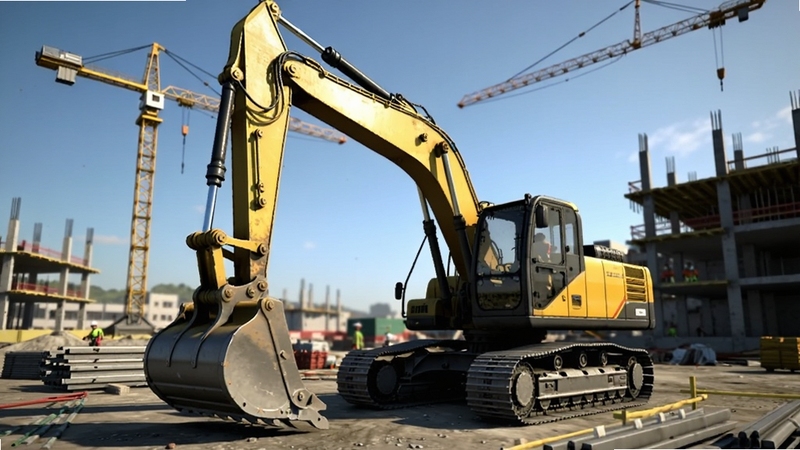 Machinery Simulator 游戏整体预览图,画面中央是一台黄色大型挖掘机停在建筑工地上,背景有吊车和未完工的建筑,天空晴朗,光影真实,整体风格写实,画面细节丰富,宽屏构图