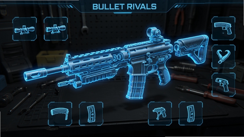Bullet Rivals武器改装界面,展示一把科幻步枪的分解图,周围环绕着各种配件图标,如瞄准镜、枪口、弹匣等,界面设计科技感十足,蓝色全息投影风格,背景为暗色工作台,细节丰富,突出武器定制的深度与个性化。