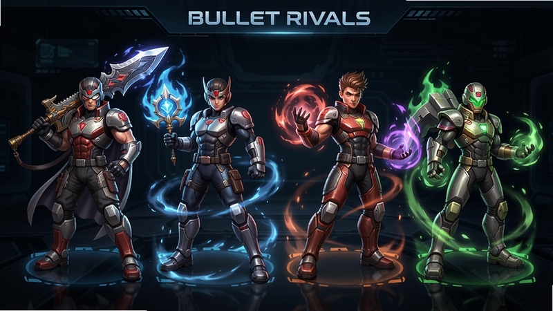 Bullet Rivals角色选择界面,展示一排不同姿态的英雄立绘,每个角色都有独特的武器与技能特效,背景为暗色科技感UI界面,角色光影细节精致,色彩丰富,突出英雄的多样性与个性。